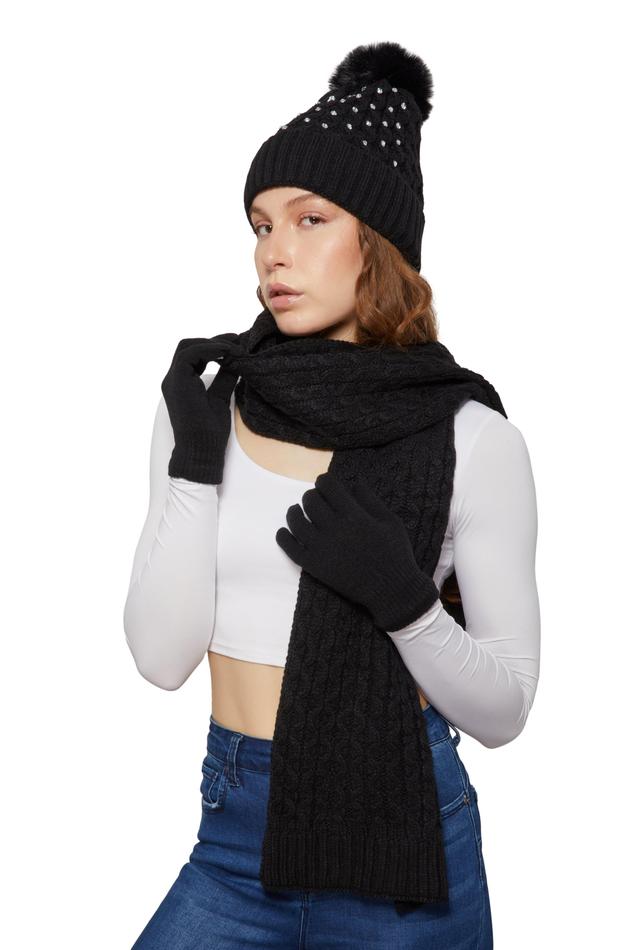 Womens Rhinestone Beanie with Cable Knit Scarf and Gloves Product Image