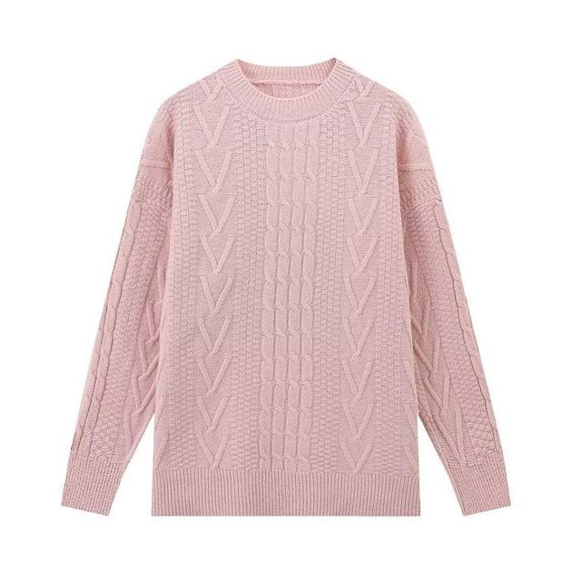 Round Neck Plain Cable Knit Sweater Product Image