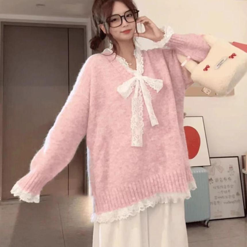 V-Neck Plain Bow Lace Trim Oversized Sweater Product Image