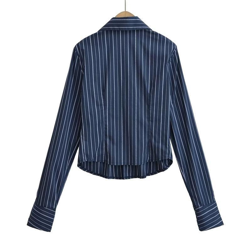 Long-Sleeve V-Neck Collared Striped Ruched Button-Up Blouse Product Image