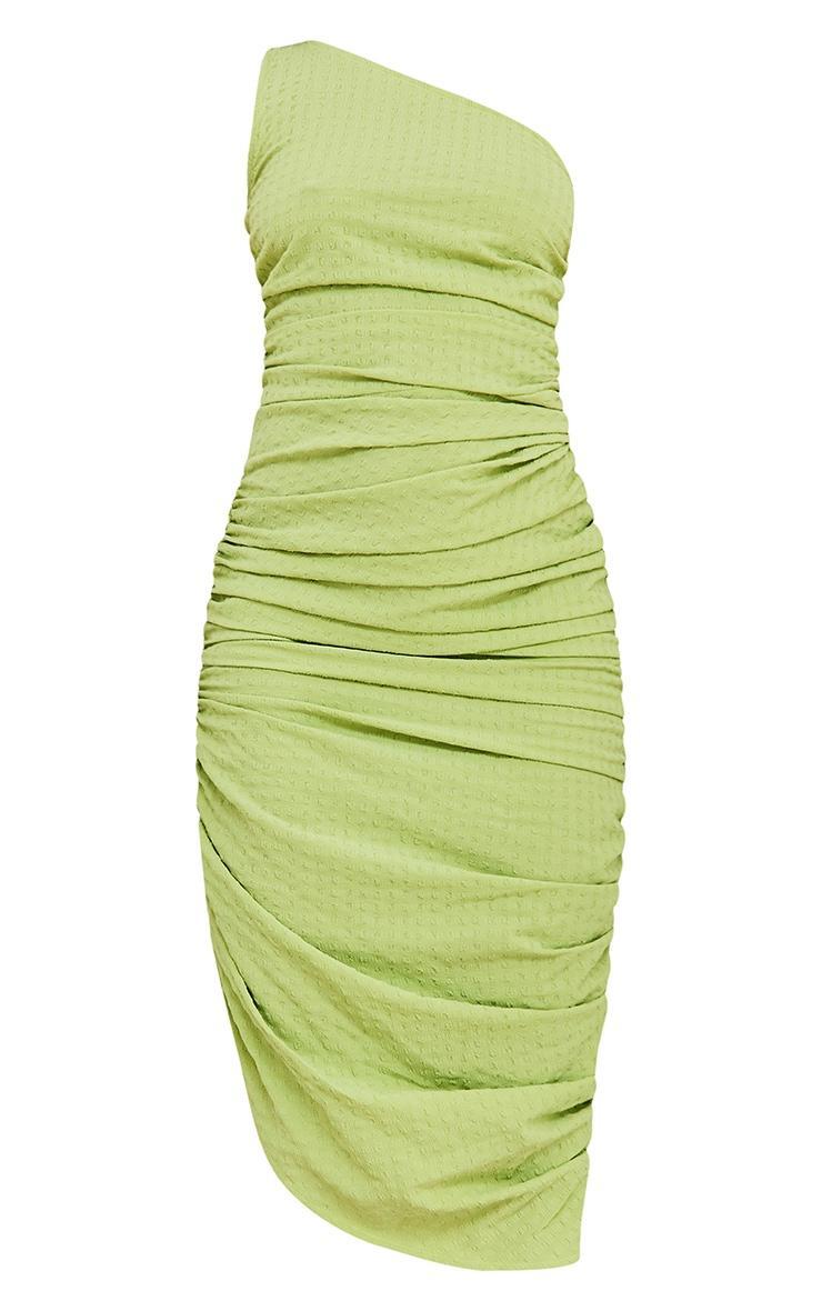 Green One Shoulder Textured Ruched Midi Dress Product Image