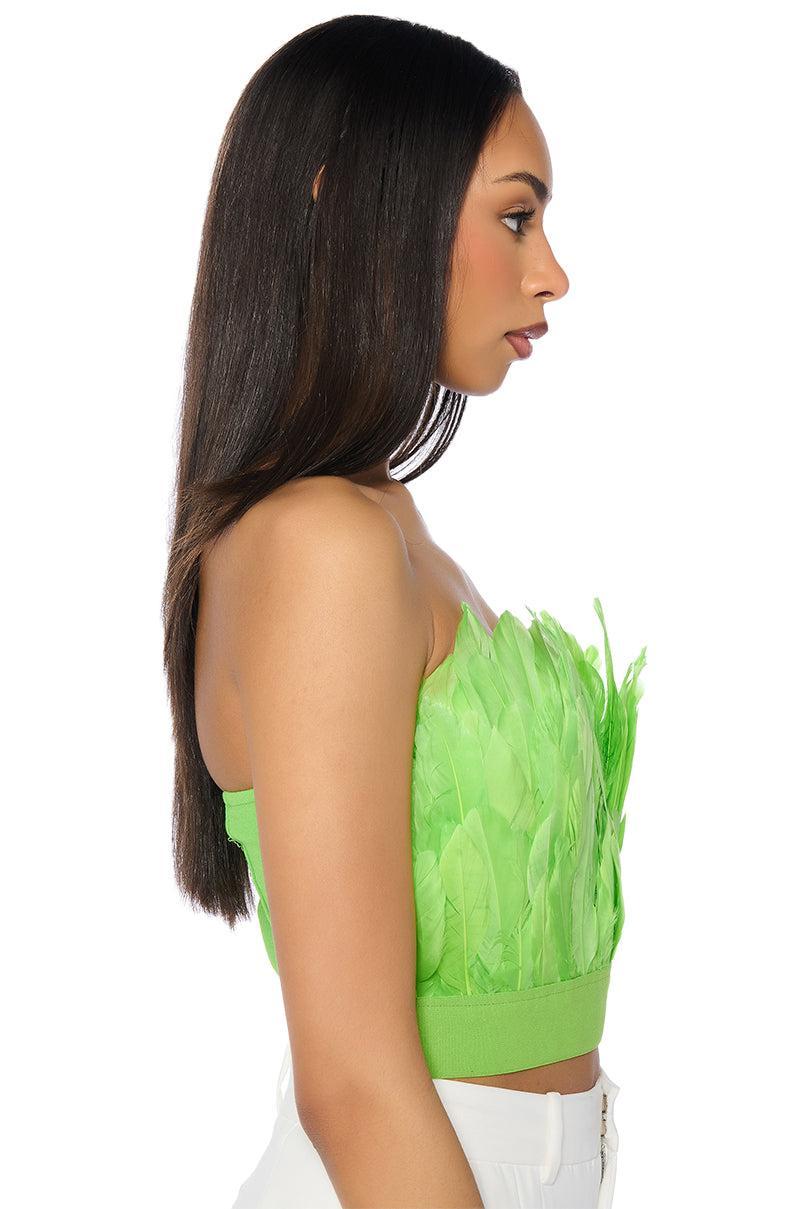 FLY AWAY FEATHER TUBE TOP IN NEON GREEN Product Image