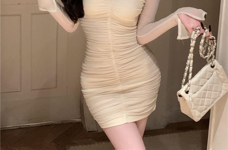 Mock Two-Piece Long-Sleeve Asymmetrical Neck Plain Cutout Ruched Mini Sheath Dress Product Image