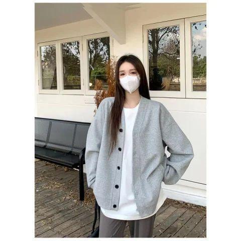 V-Neck Plain Oversized Bomber Jacket Product Image