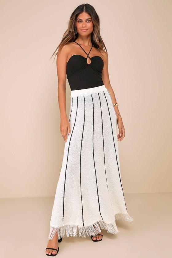 Dakora Cream Striped Fringe Knit Maxi Sweater Skirt product image