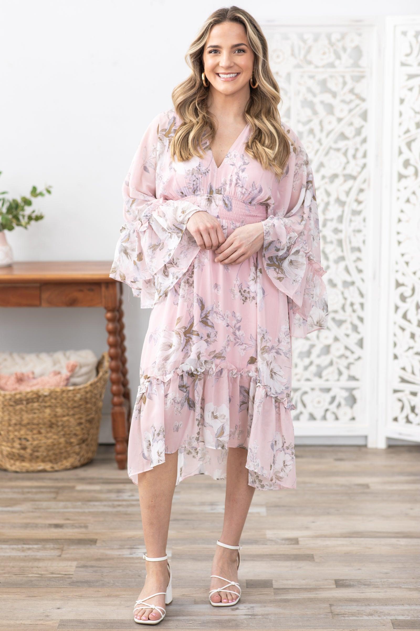 Blush Floral Print Dolman Sleeve Midi Dress Product Image