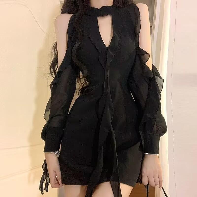 Long Sleeve V-Neck Cold-Shoulder Plain Mesh Ruffled Slim-Fit Mini Dress Product Image