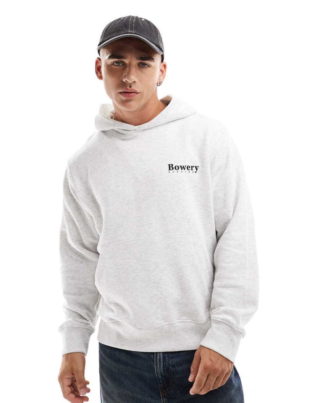 Jack & Jones oversized bowery back print hoodie in gray Product Image