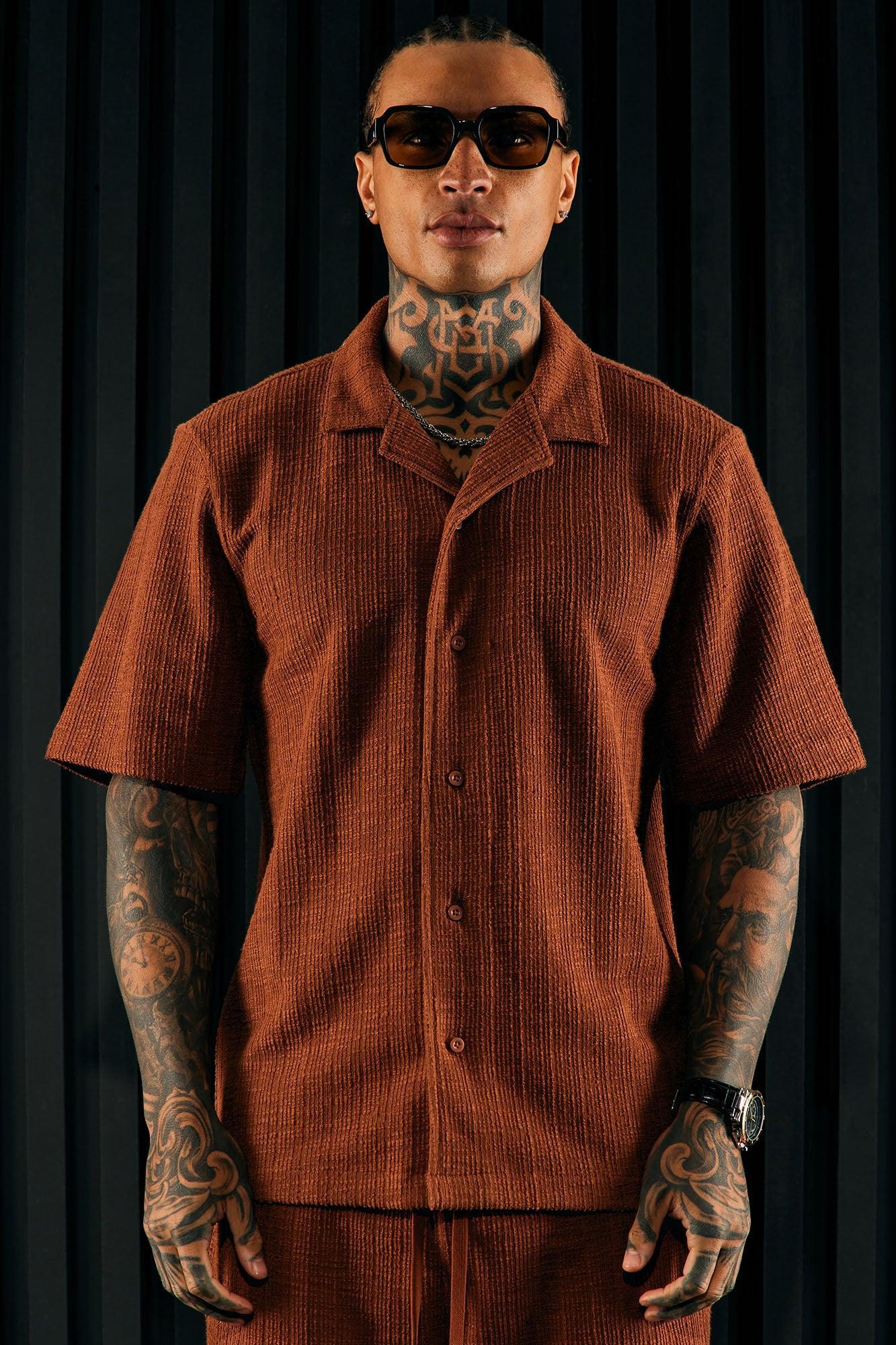 Dean Textured Short Sleeve Button Up Shirt - Chocolate Product Image