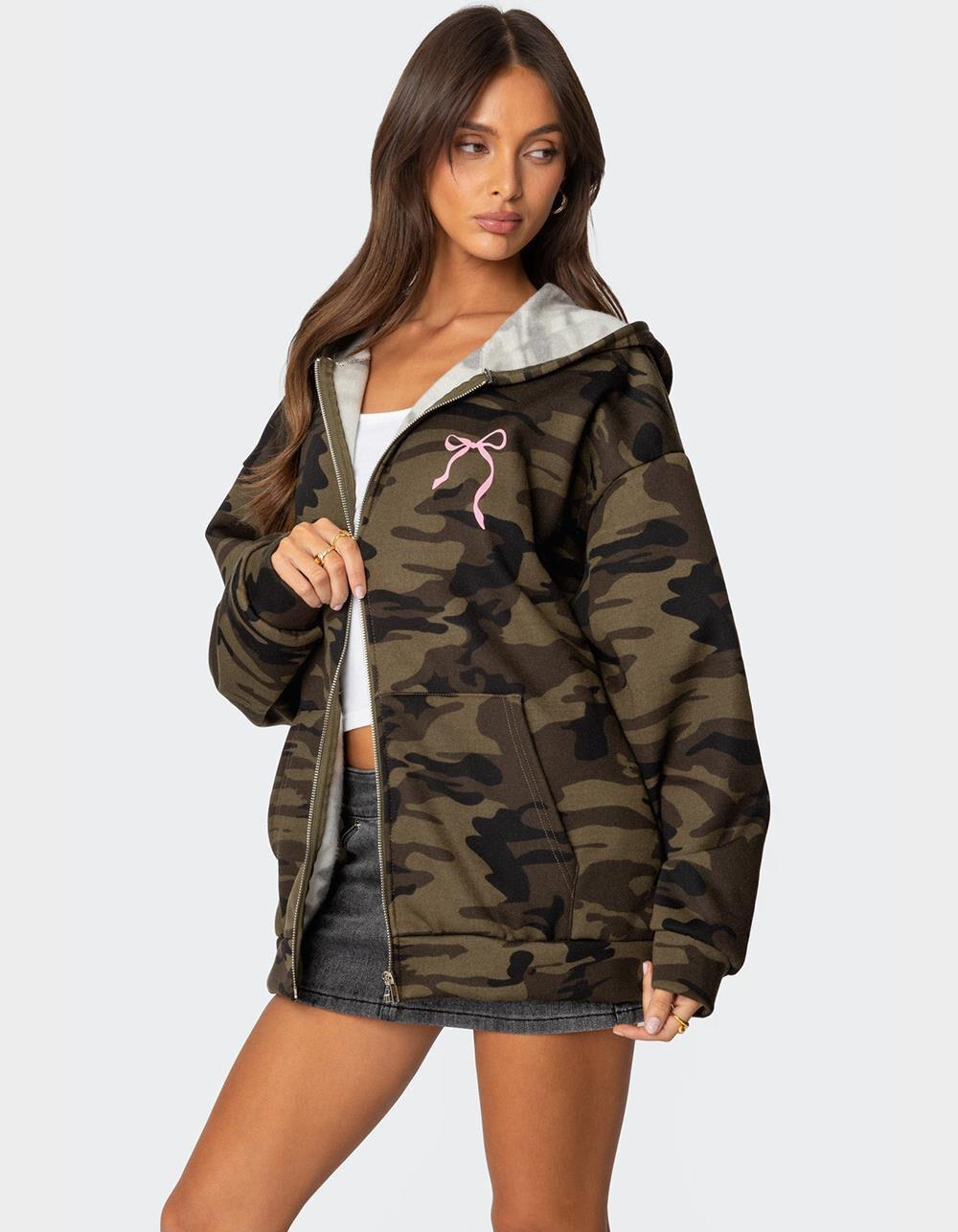 EDIKTED Camo Oversized Bow Detail Hoodie Product Image