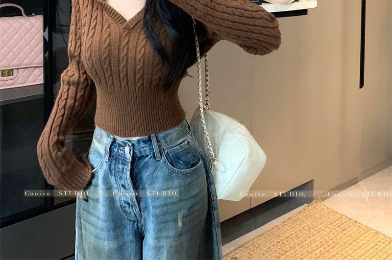 Long-Sleeve Plain Hooded Crop Cable Knit Sweater Product Image