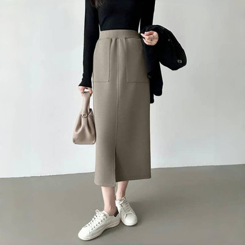 High Rise Plain Midi Slit Pencil Skirt Product Image