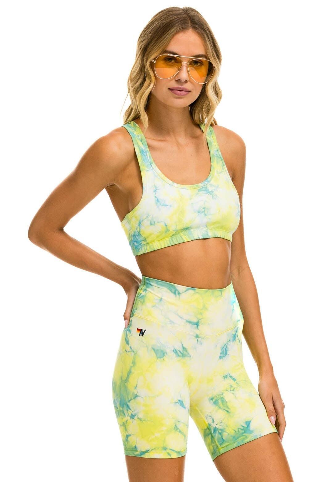 HAND DYED 6 INCH HI-RISE BIKER SHORT - TIE DYE NEON YELLOW Female Product Image