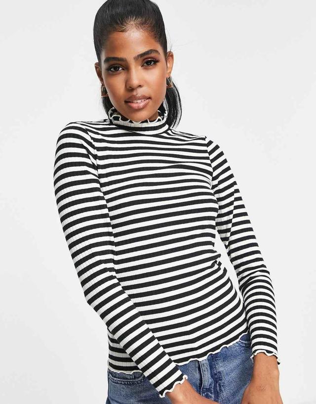 JDY high neck lettuce edge top in black stripe  Product Image