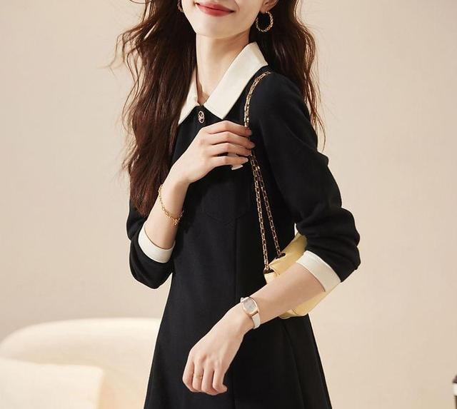 Long-Sleeve Collar Henley Two Tone A-Line Dress Product Image