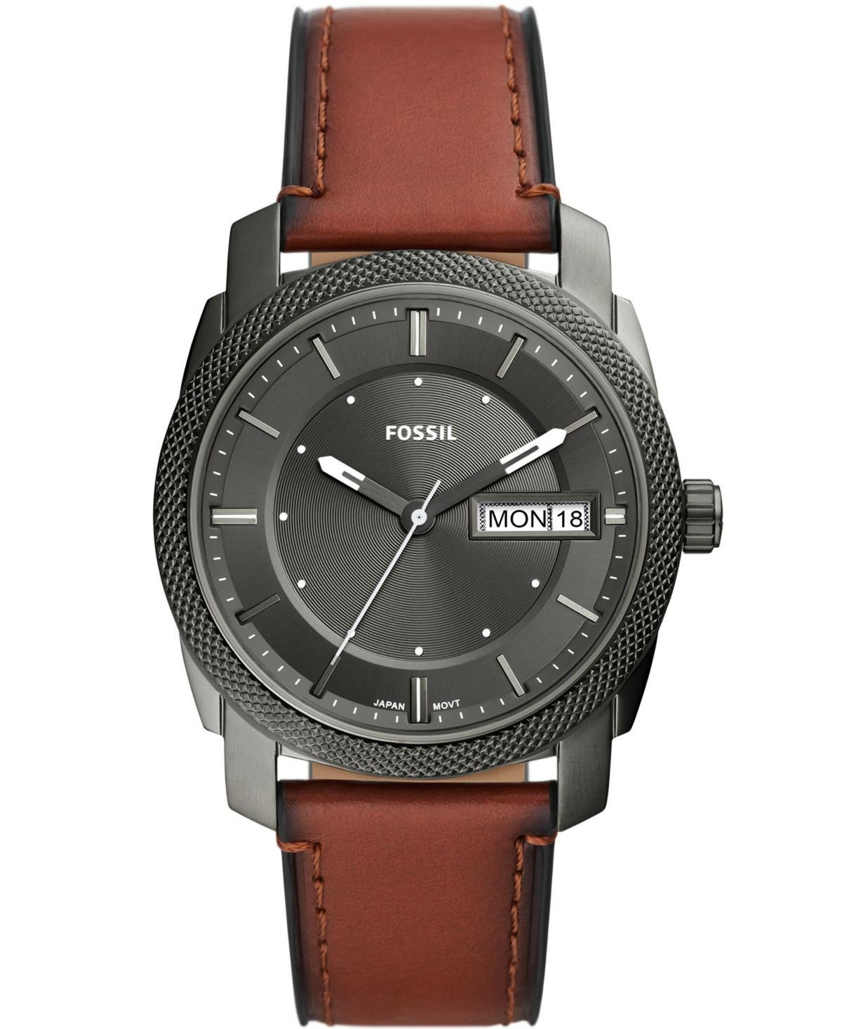 Fossil Mens Machine Brown Leather Strap Watch 42mm - Blue Product Image