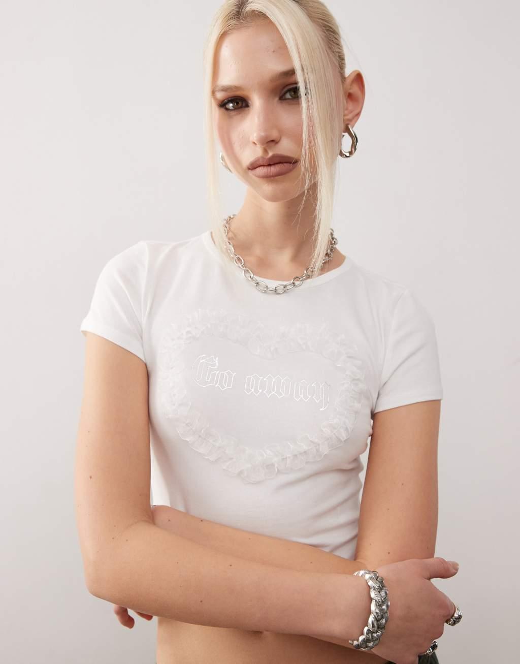 Monki shrunken fit top with frill heart graphic in white Product Image