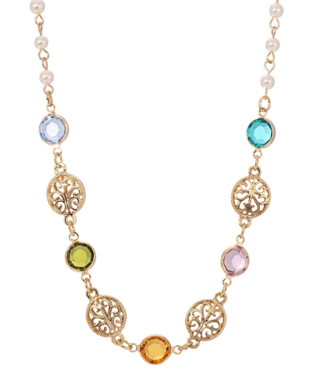 1928 Gold Tone Pastel Crystal & Simulated Pearl Filigree Link Necklace, Womens, Multi Product Image