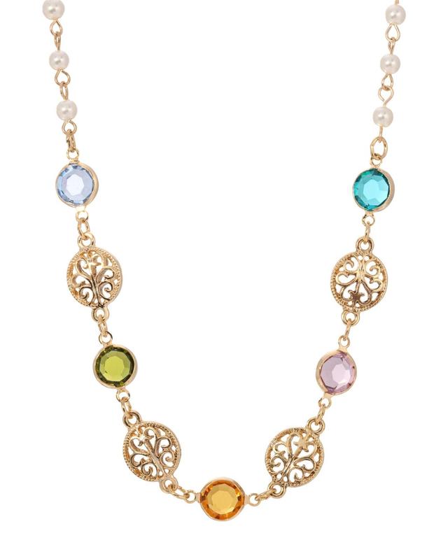 1928 Gold Tone Pastel Crystal & Simulated Pearl Filigree Link Necklace, Womens, Multi Product Image