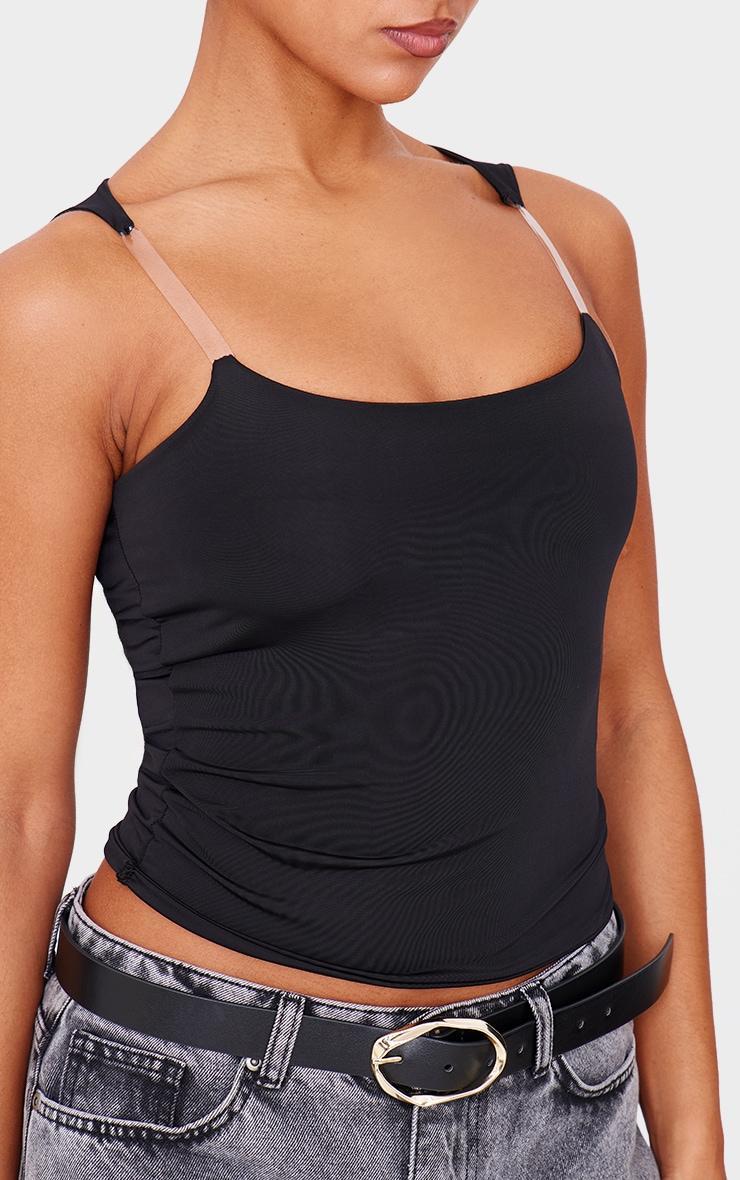 Black Double Layer Slinky Strap Detail Long Top Product Image