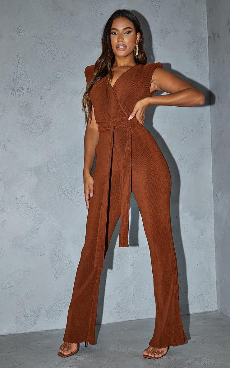 Chocolate Pleated Shoulder Pad Flared Leg Jumpsuit Product Image