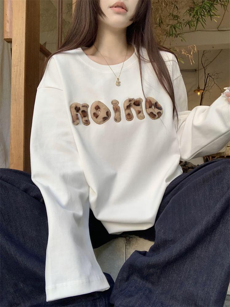 Long-Sleeve Round Neck Lettering Embroidered T-Shirt Product Image