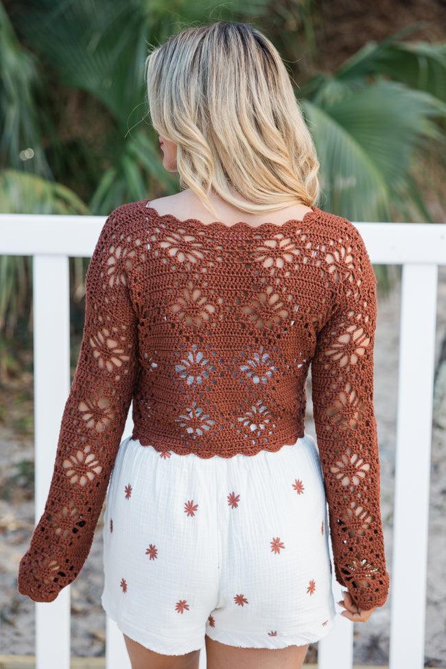 Pursuit Of Paradise Terracotta Cropped Crochet Sweater Product Image