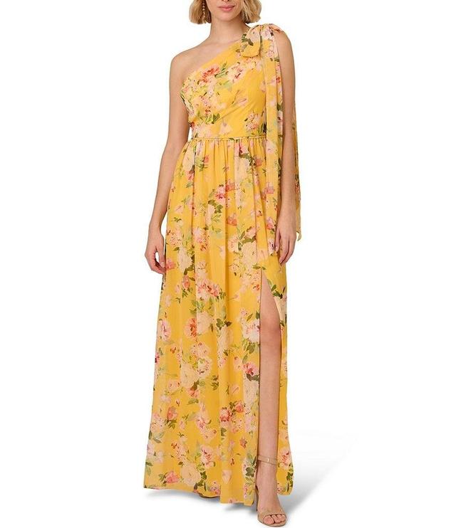 Adrianna Papell Floral Chiffon One Bow Shoulder Sleeveless Gown Product Image