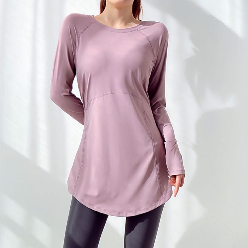 Long-Sleeve Scoop Hem Plain Long Sports Top Product Image