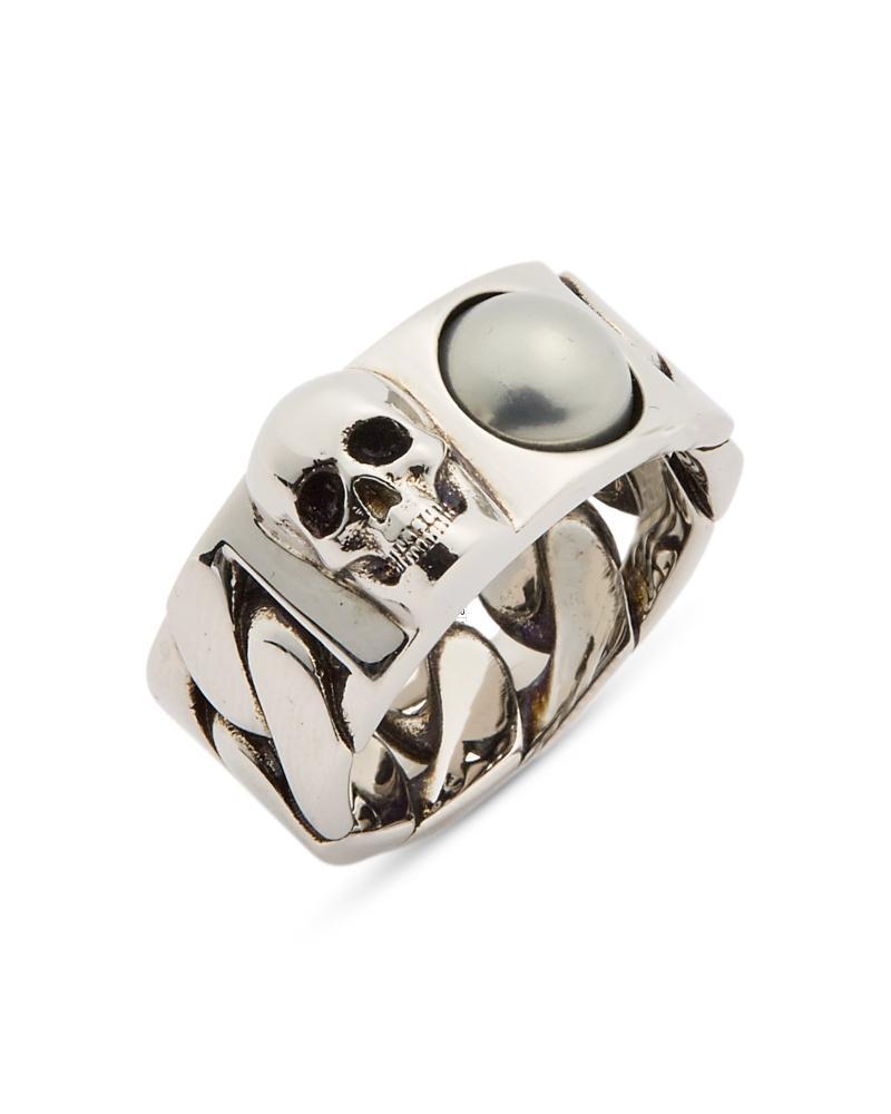 Mens Pearl And Skull Chain Ring in Antique Silver Product Image