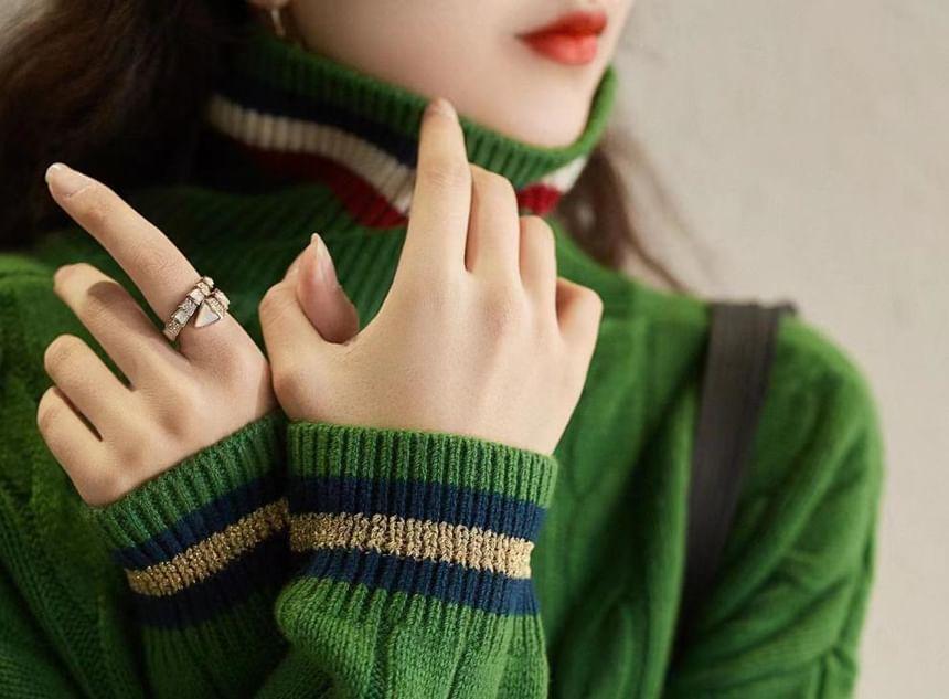 Turtleneck Striped Cable Knit Sweater Product Image