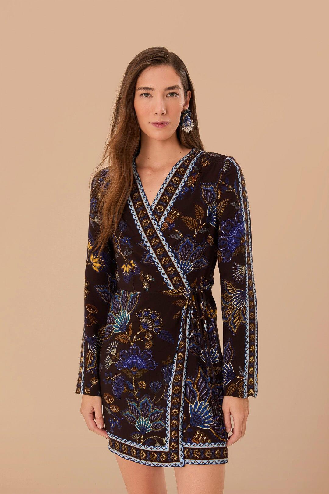 Brown Embroidered Garden LENZING™ ECOVERO™ Viscose Wrap Mini Dress Product Image