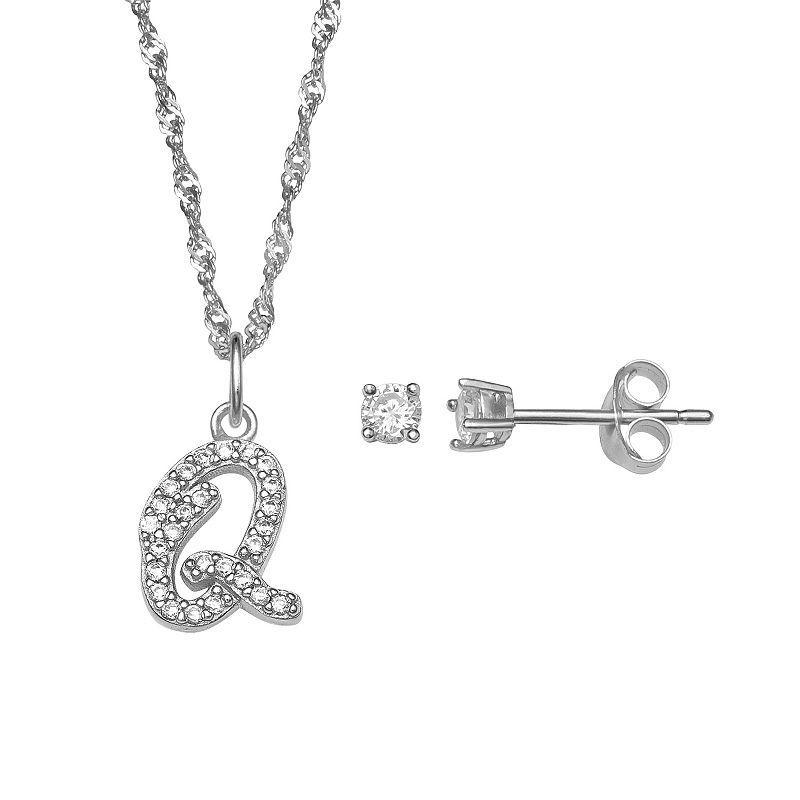 LC Lauren Conrad Sterling Silver Cubic Zirconia Stud Earrings & Initial Pendant Necklace Set, Womens Sterling Silver P Product Image