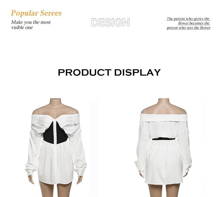 Long-Sleeve Off-Shoulder Two Tone Mini Shirt Dress Product Image