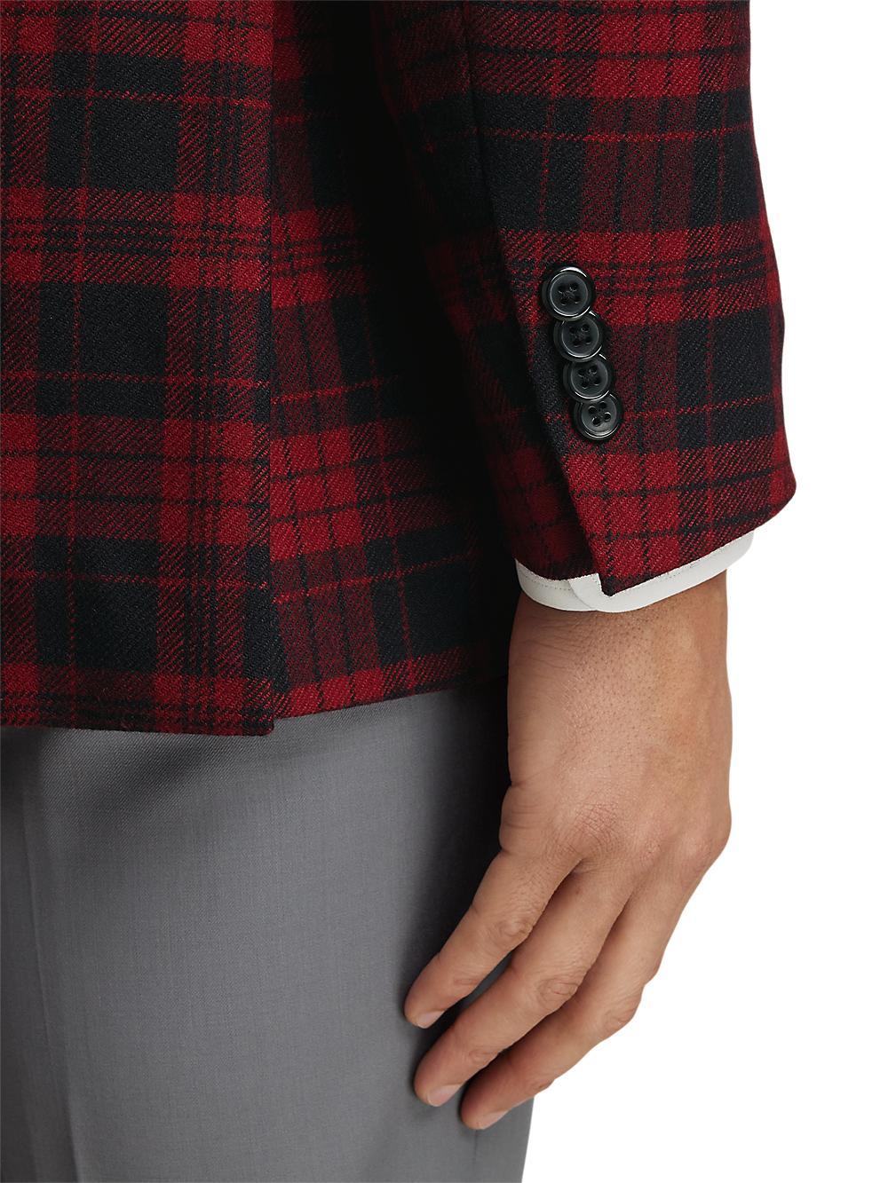 Wool Plaid Single Breasted Notch Lapel Sport Coat - Black/red Product Image