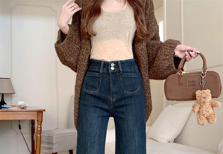 High Rise Washed Fleece-Lined Flared Jeans Product Image