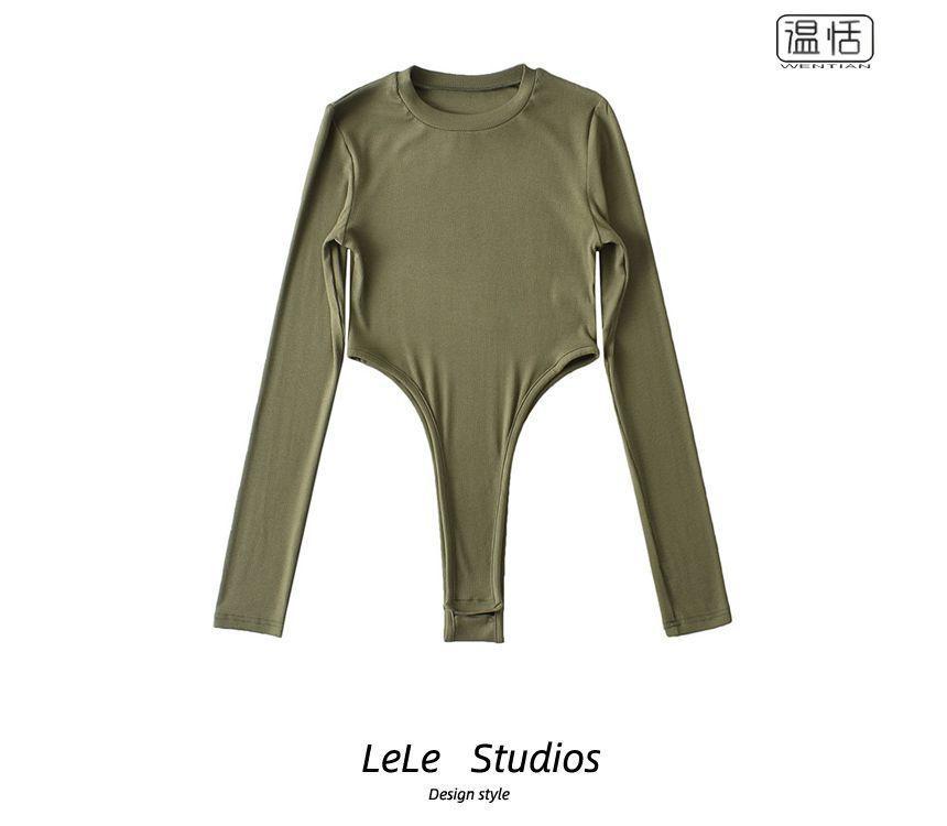 Long-Sleeve Round Neck Plain Bodysuit Top Product Image