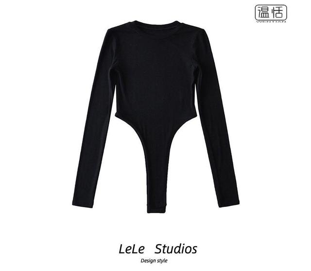 Long-Sleeve Round Neck Plain Bodysuit Top Product Image