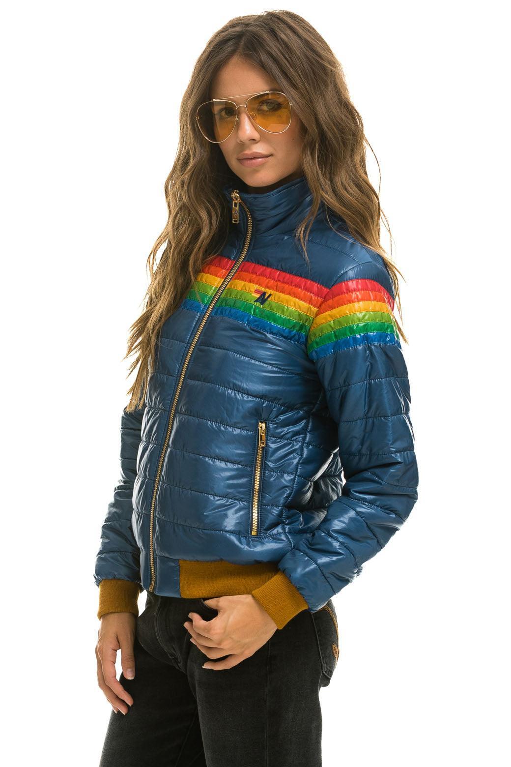 6 STRIPE RAINBOW SLEEVE JACKET -  GLOSSY DEEP BLUE Female Product Image