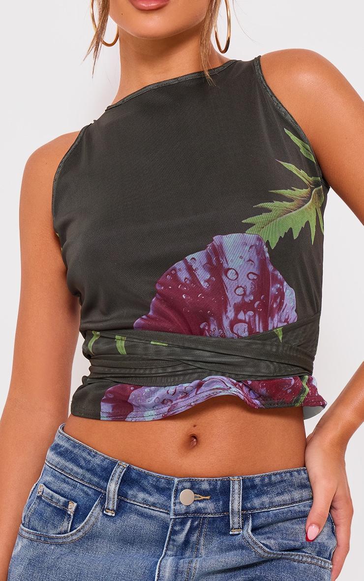 Green Printed Mesh Tie Detail Boat Neck Top Product Image