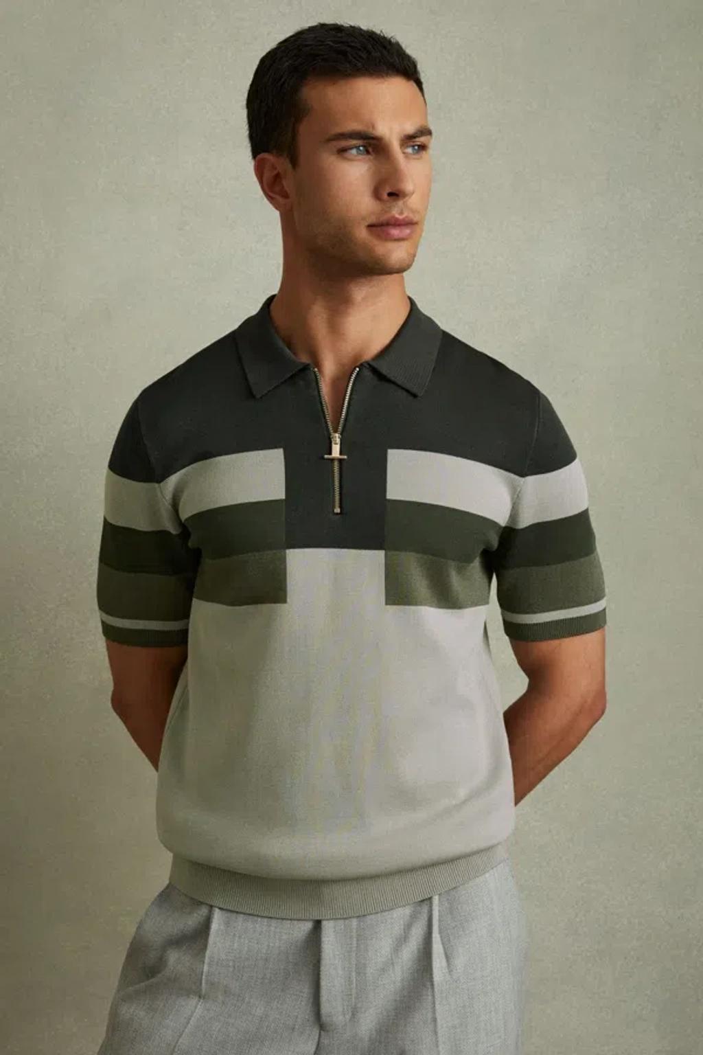 REISS Green Verde Knitted Colourblock Half-zip Polo Shirt Product Image