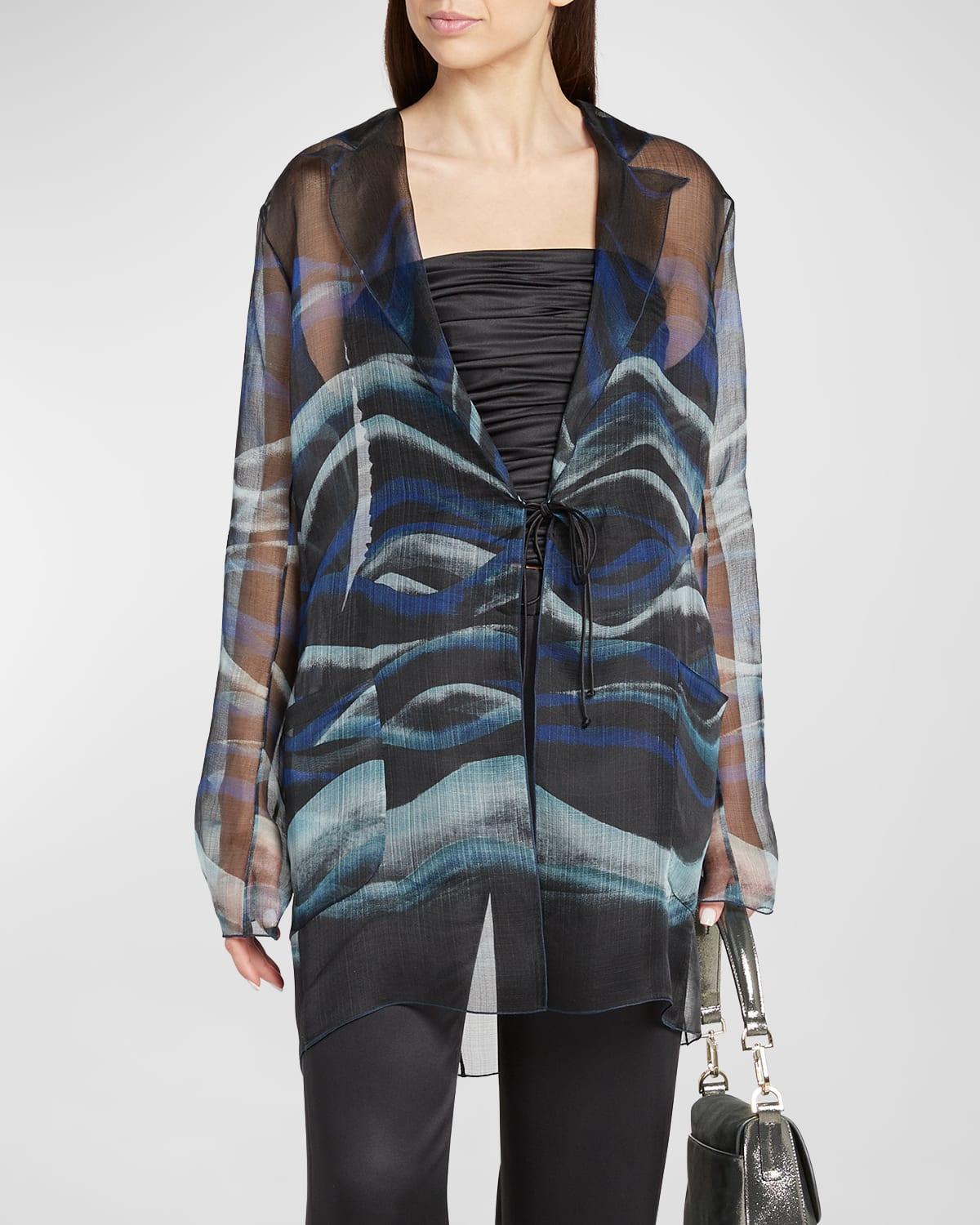 Night Water Print Self-Tie Silk Blouse Jacket Product Image