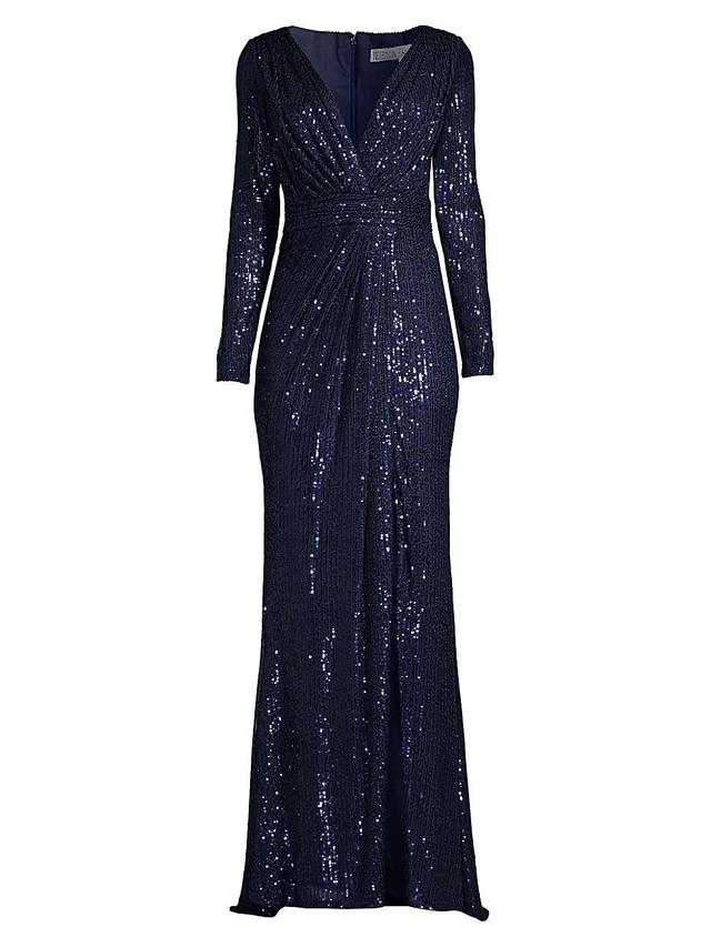 Mac Duggal Sequin Long Sleeve Faux Wrap Gown Product Image