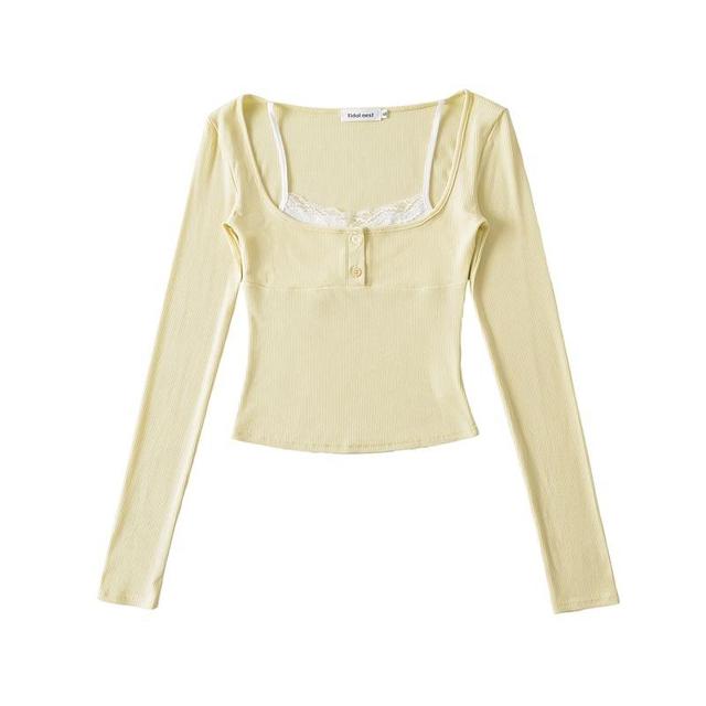 Mock Two-Piece Long-Sleeve Square-Neck Lace Trim Ribbed Tee Product Image