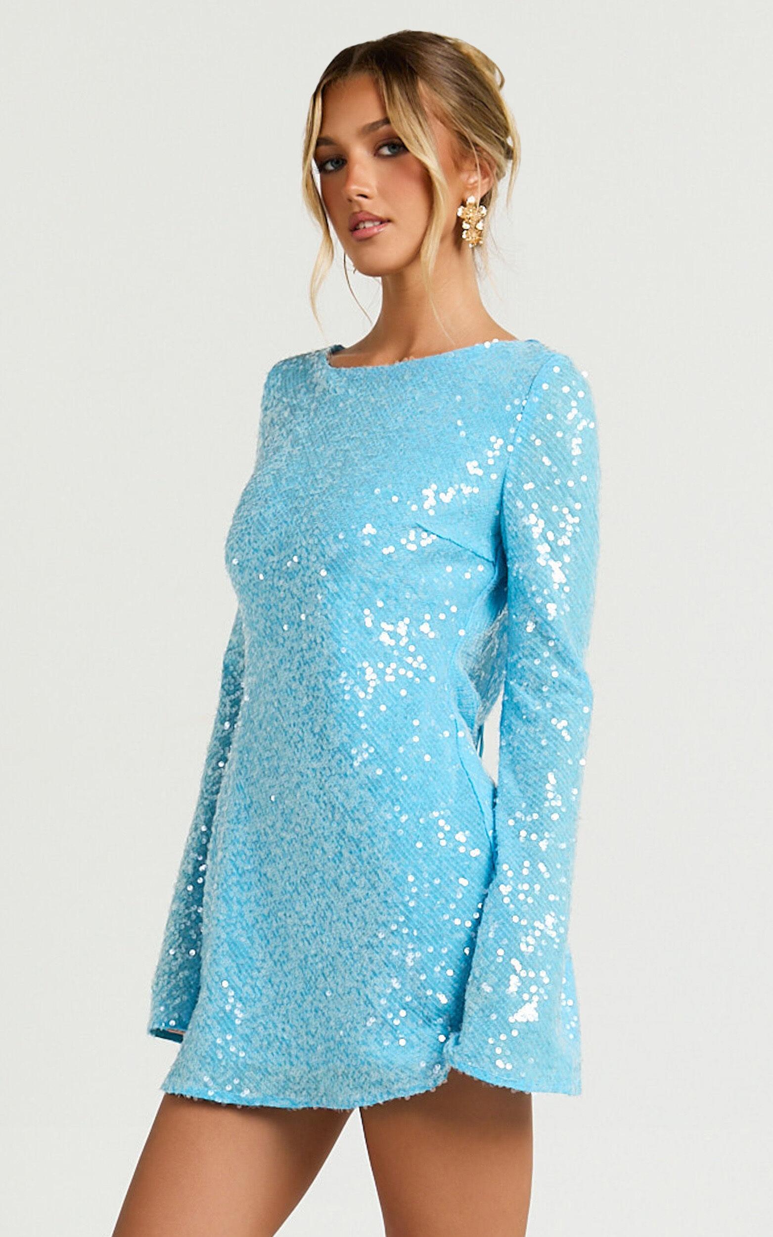 Bertina Mini Dress - Sequin Scoop Neck Low Back Dress in Blue Product Image