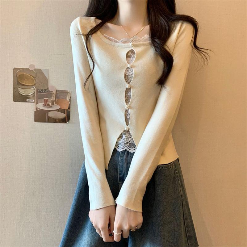 Mock Two-Piece Long-Sleeve Cutout Lace Panel Beaded Knit Top Product Image