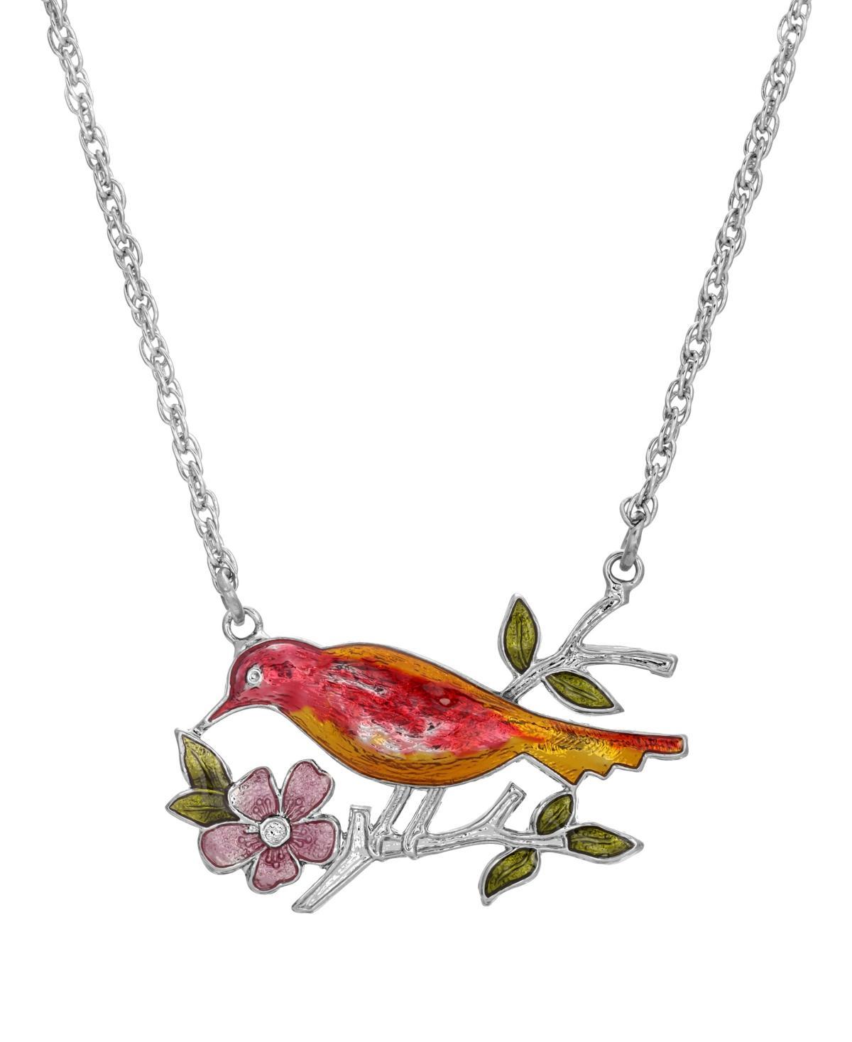 1928 Silver Tone Enamel Bird & Flower Necklace, Womens, Red Product Image