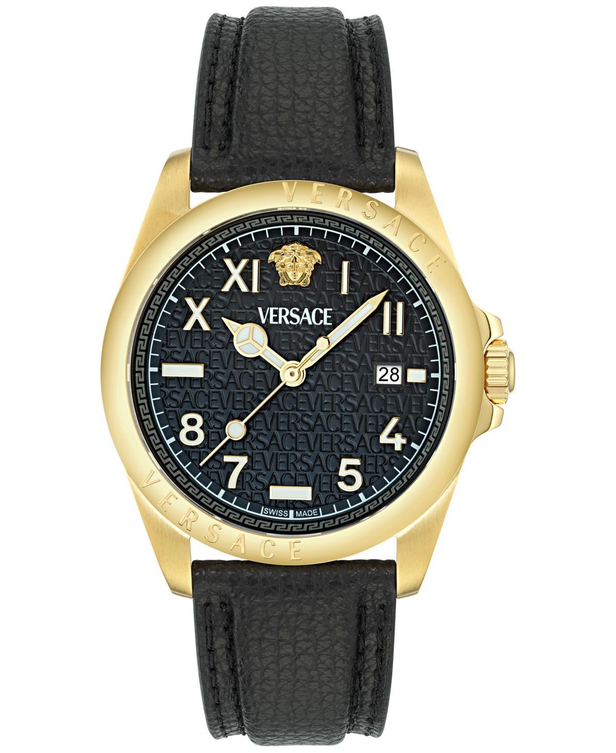 Versace Mens Swiss Black Leather Strap Watch 41mm - Gold Product Image