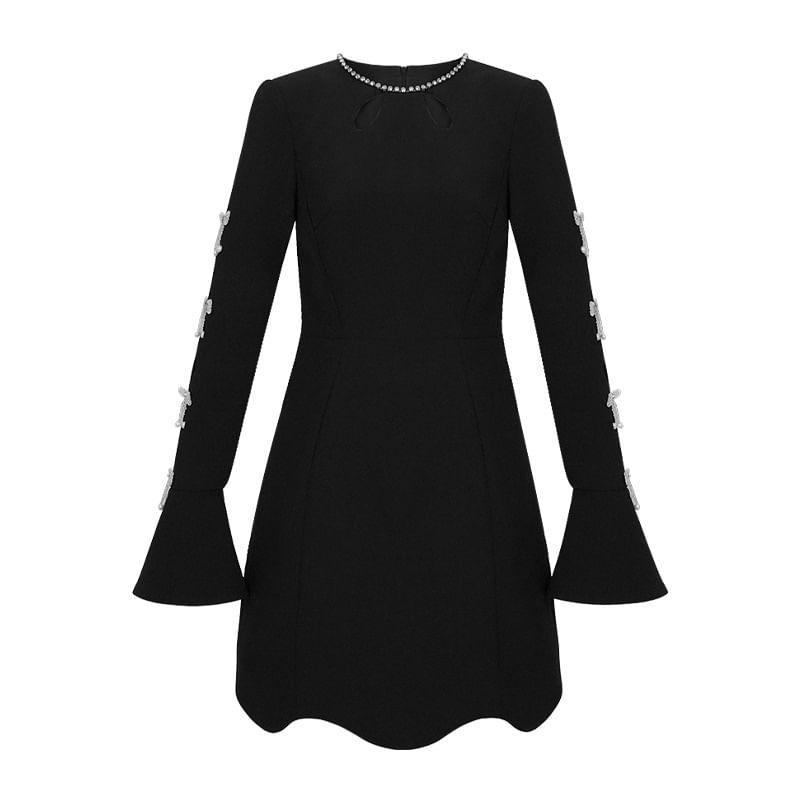 Long-Sleeve Round Neck Cutout Bow Rhinestone Mini A-Line Dress Product Image