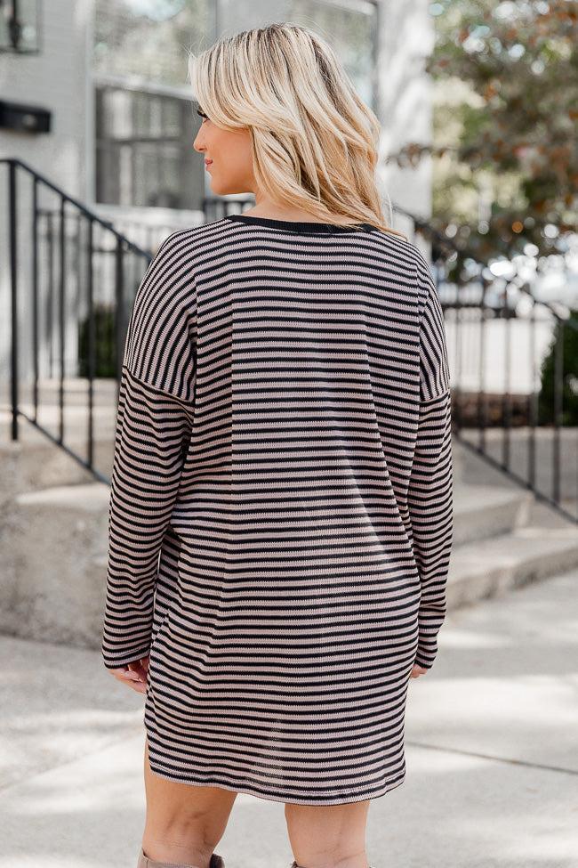 Brown and Black Striped Long Sleeve Ribbed T-Shirt Dress FINAL SALE Product Image